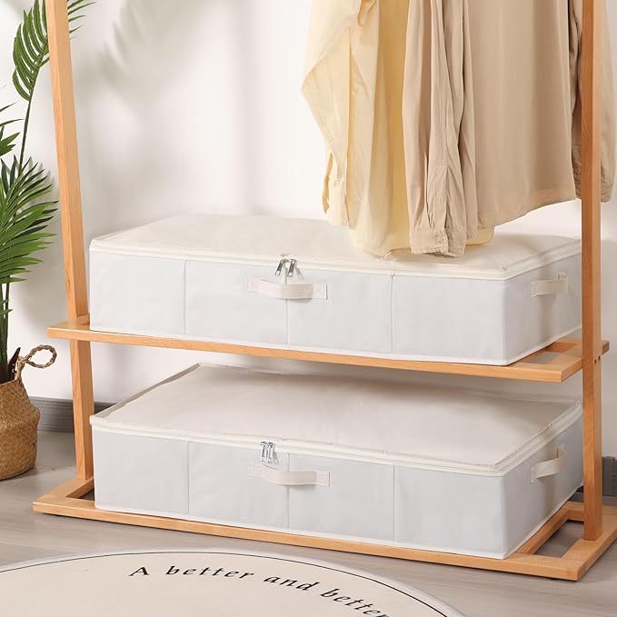 Under Bed Storage Containers, Storage Bins With Lids, Clothes Organizers With Sturdy Structure and Reinforced Handles, Beige, 2 Pack, 31.5 x 15.7 x 5.9 Inch