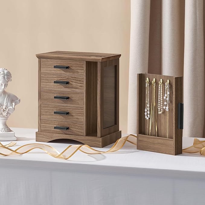 HOOBRO Jewelry Box for Women, Jewelry Organizer with Arc-Shaped Bottom, Wooden Jewelry Box, Side Transparent Window, Vertical Storage, for Earring, Necklace, Bracelet, Ring, Walnut and Black BH13JB04