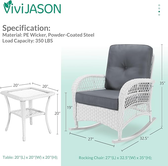 VIVIJASON 3-Piece Outdoor Conversation Bistro Set, Patio Wicker Rocking Chairs Rattan Furniture Sets w/ 2 Rattan Chairs, Cushions, Glass Top Side Table for Garden Porch Backyard (White Wicker/Grey)