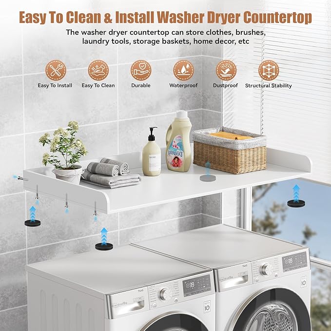 Washer Dryer Countertop, 27.5" D x 54" W Washer and Dryer Topper Covers with Edge Rails, Wood Laundry Room Countertop Shelves for Laundry Room Organization and Storage (White)