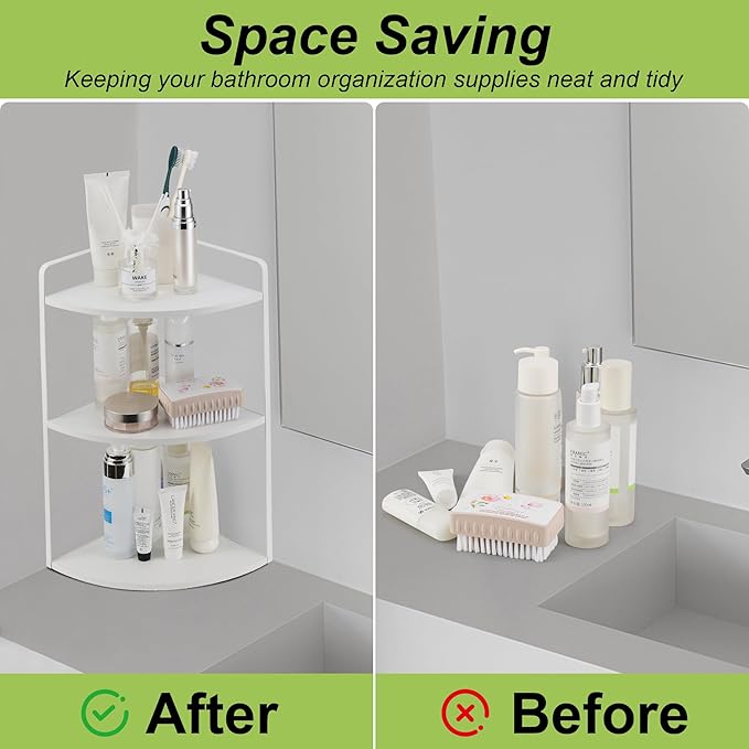 3 Tier Corner Bathroom Counter Organizer, Countertop Organizer, Vanity Organizers, Bathroom Storage Sink Shelf, Wooden and Metal Counter Shelf, Corner Counter (White)