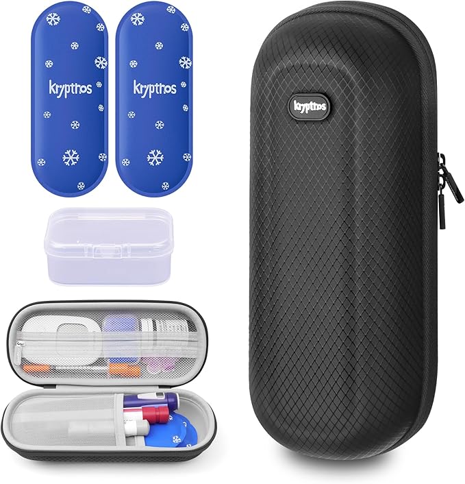 Krypthos Insulin Cooler Travel Case, Diabetes Travel Bag with 2 TSA Approved Ice Packs, Portable Medication Organizer for Diabetic Insulin Pens, Vials & Syringes for Travel & Daily Use (Black)