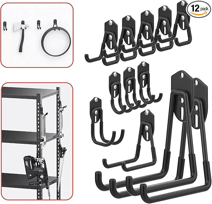 WALMANN 12 PCS Garage Storage Hooks, Wall Mount Utility Hooks for Tools, Ladders, Cords, Folding Chairs, Shovels and Rakes, Shelving Hooks for Keyhole Shelving Units(Black)