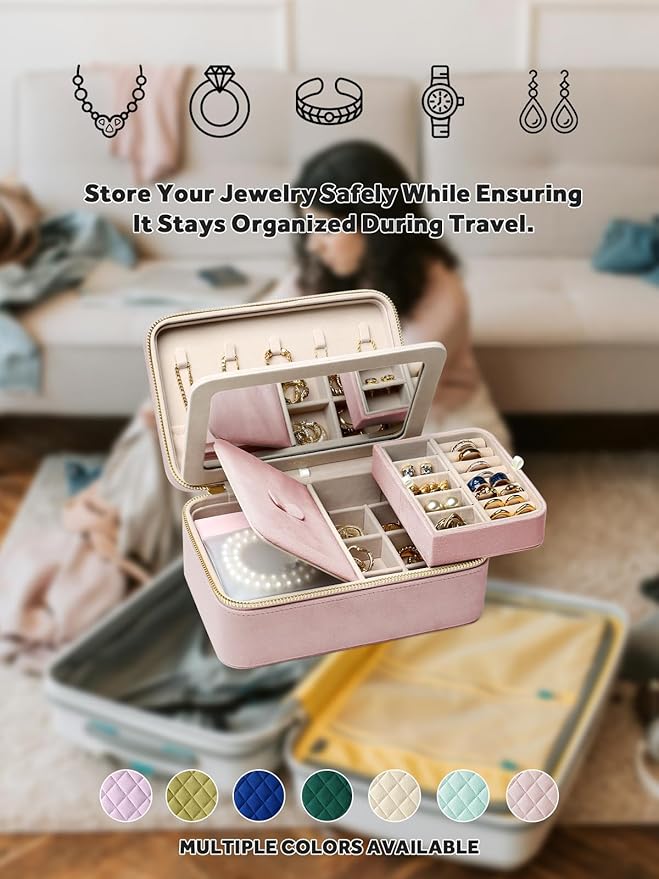 Velvet Travel Jewelry Box with Large Mirror, Double-Layer Jewelry Organizer Case for Women and Girls, Portable Storage Case with 6 Anti-Tarnish Bags Gift Ready for Her (Blush Pink)
