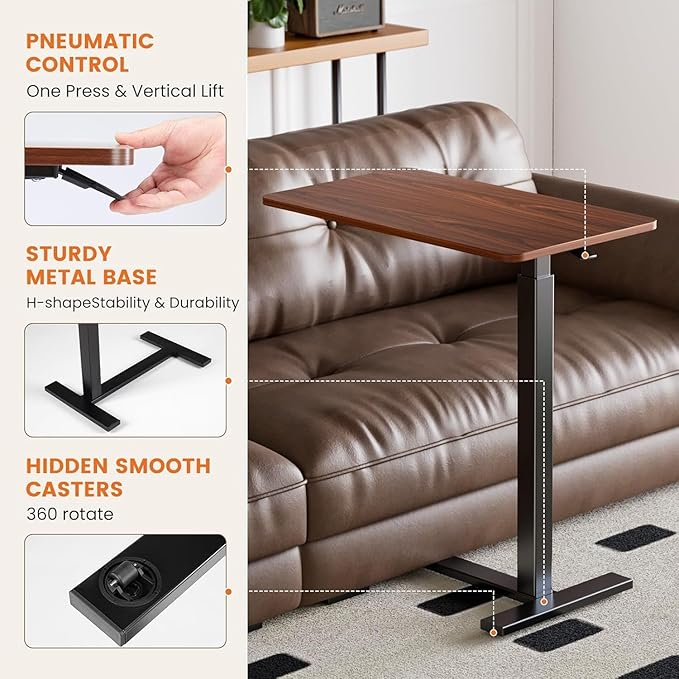 Sweetcrispy Overbed Bedside Table with Wheels, Adjustable Hospital & Home Use Bed Table, Rolling Laptop Table, Mobile Standing Desk, Rust