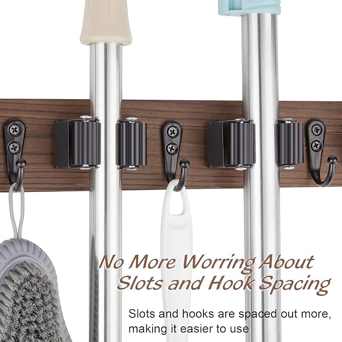 Mop and Broom Holder Wall Mount - Rustic Wood Broom Mop Hanger - Wall Mounted Garden Tool Rack Organizer for Closet Garage Laundry Room Kitchen Decor With 4 Slots & 4 Hooks