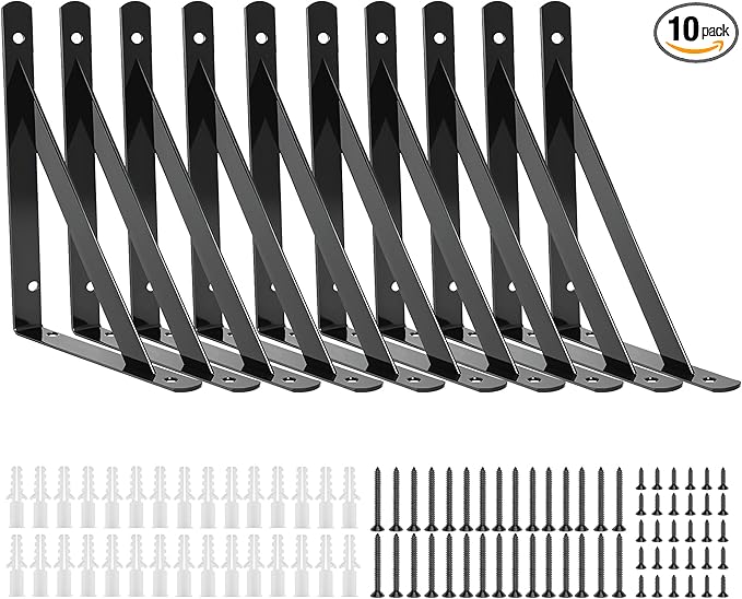 10 Pack L 8" x H 5" Heavy Duty Shelf Brackets with Screws Open Floating Shelving Bracket L Brackets Black Metal Shelf Brackets for Shelves, Room, Pantry,Garage