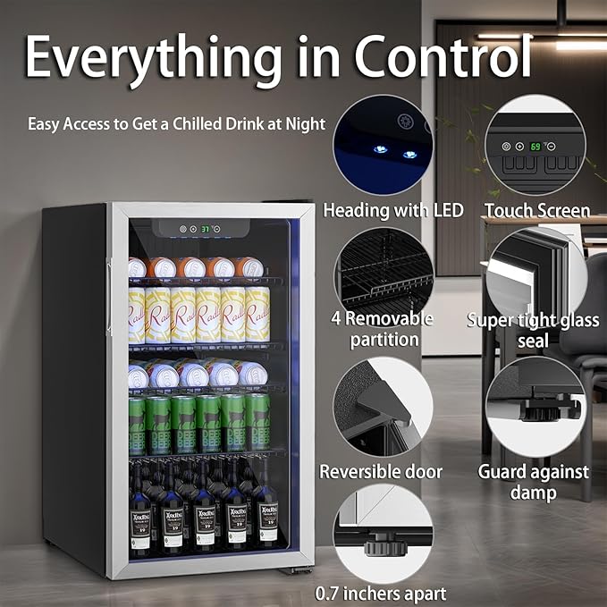 126 Can Mini Fridge - 3.2 Cu.Ft Beverage Refrigerator with Reversible Glass Door for Soda Wine Beer, Adjustable Temperature Control for Home Office Bar, Silvery(40-61 ℉)