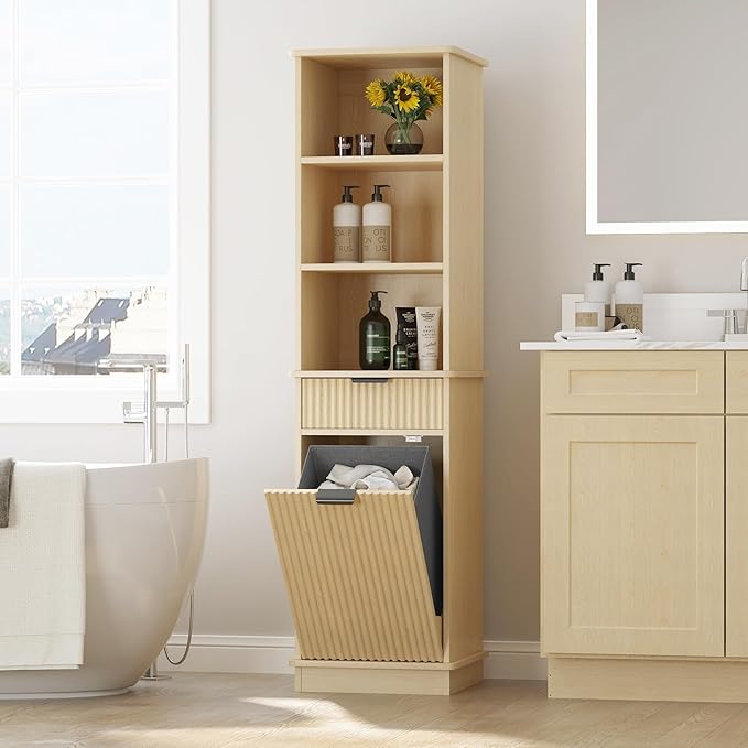 Natural Tilt Out Laundry Hamper Tall Bathroom Storage Cabinet Hidden Laundry Hamper Cabinet with Drawers and Baskets for Bathroom Hamper with Storage for Bedroom,16x16x59in
