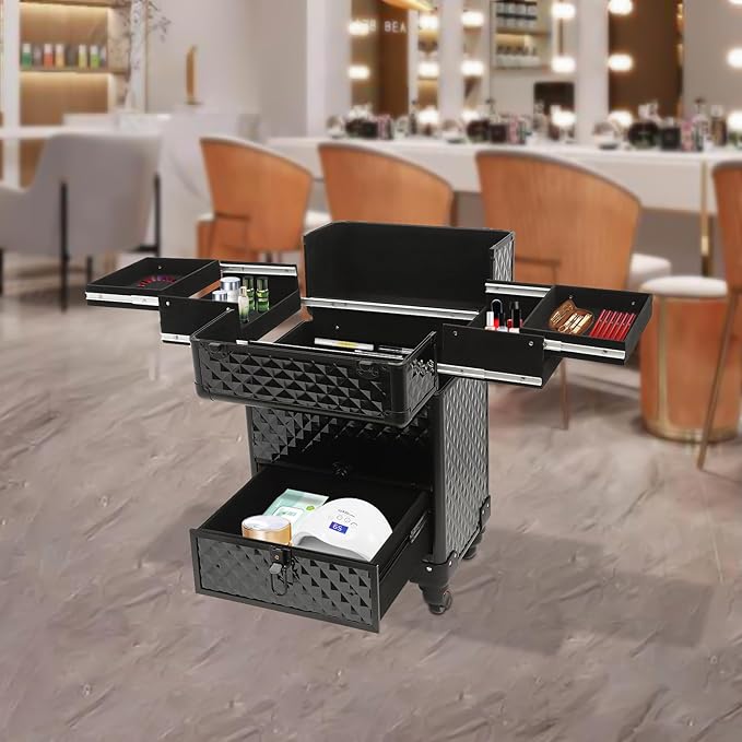 Professional Rolling Makeup Train Case with Lock, 7 Compartments 44lbs Capacity Rolling Nail Case Adjustable Organizer for Makeup Artists, Hairstylists, Pet Groomers (Black)