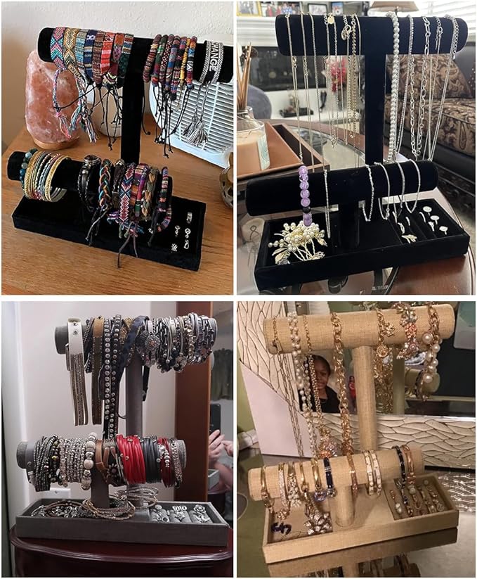 Coward 2 Tier Necklace Bracelet Holder Organizer with Ring Tray, Linen Jewelry Display Stand for Watch Scrunchie Lipstick, Perfumes,Nail polish (Gray Linen)
