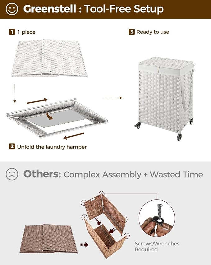 Greenstell Laundry Hamper with Wheels, No Install Needed, 90L Divided Handwoven Hampers & 2 Removable Liner Bags, Rattan Clothes Laundry Basket with Lid & Handles, Foldable Hampers White