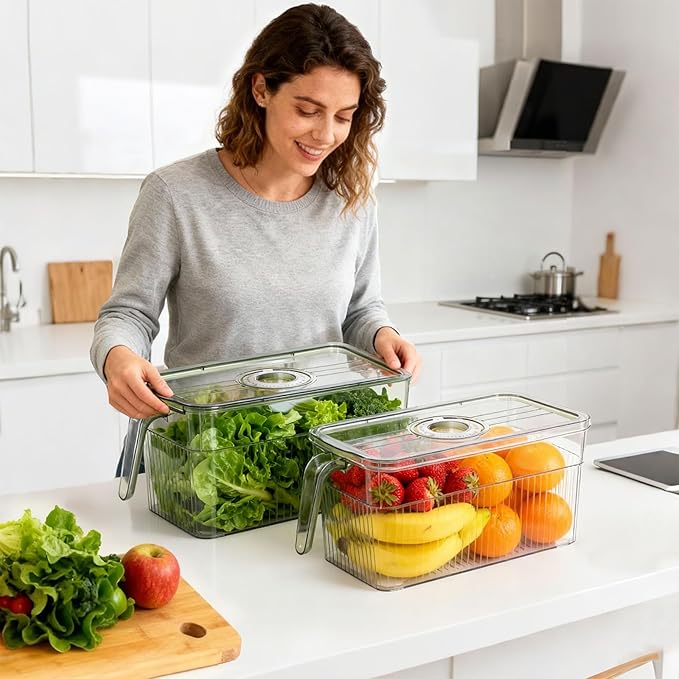 loobuu 2 Pack Stackable Food Storage Produce Saver Containers for Refrigerator, Berry Keeper Boxes for Fridge with Removable Drain Tray Keep Fresh for Vegetables/Fruit (Clear&Green)