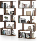 5-Tier Geometric Bookcase Set of 2, 62.5” Freestanding Room Divider Bookshelf with Open Display Shelves & Anti-tip Device, Wood S-Shaped Storage Organizer for Living Room, Bedroom & Home Office