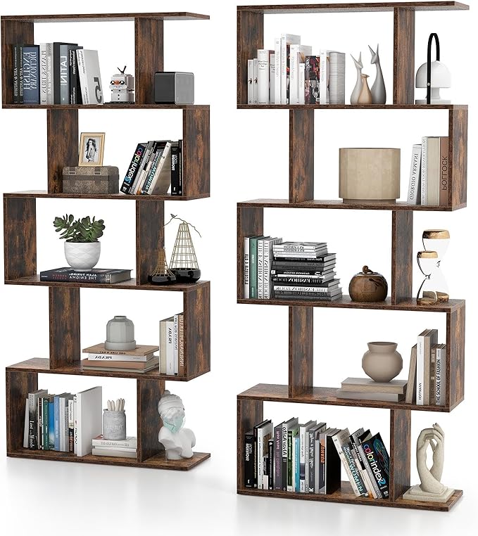 5-Tier Geometric Bookcase Set of 2, 62.5” Freestanding Room Divider Bookshelf with Open Display Shelves & Anti-tip Device, Wood S-Shaped Storage Organizer for Living Room, Bedroom & Home Office