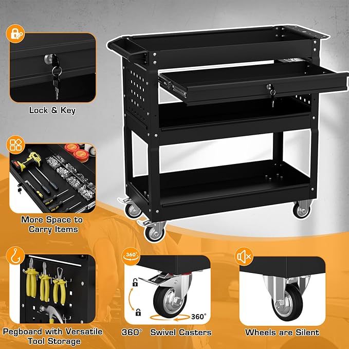 3 Tier Tool Cart on Wheels with Drawers - Three Tier Rolling Cart with Lockable Storage - Mechanic Tool Chest - Tool Chest with Wheels Used in Garage, Indoors, Workshop (Black)