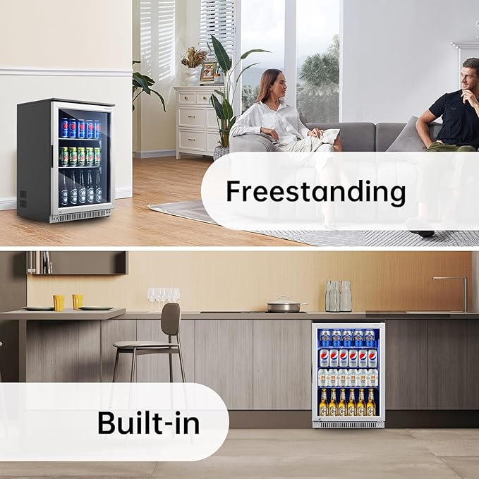 Weili 20 Inch Built in Beverage Refrigerator with Lock, Under Counter or Freestanding 120 Can Soda Beer Drink Cooler Fridge with Stainless Steel and Glass Door