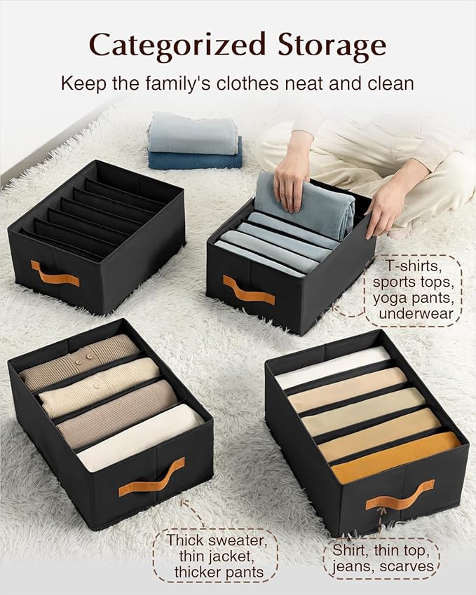 Clothes Organizers and Storage - 4/5/7 Grids Fabric Jeans Organizer with Handles, Foldable Closet Organizers Dividers, Wardrobe organizer for Pant, Sweater, T-shirt, Scarf, 3 Pack, Black