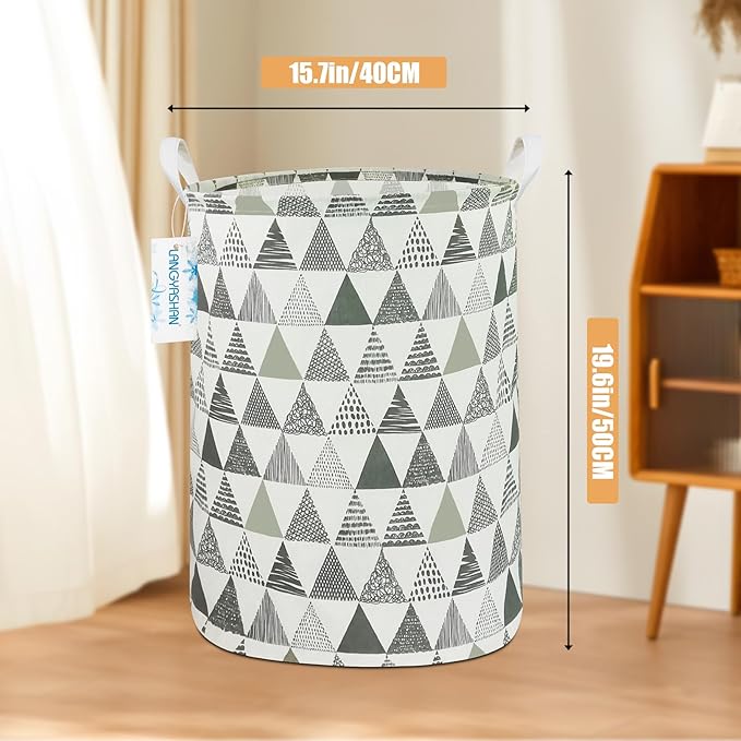 LANGYASHAN Laundry Basket Canvas Fabric Collapsible Organizer Basket for Storage Bin Toy Bins Gift Baskets Bedroom Clothes Children Nursery Hamper (Grey triangle)