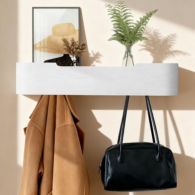 Wall Coat Rack Floating Shelves Modern Coat Rack Wall Mount with Storage Entryway Shelf Wooden Hanger 20 Inch 4 Hidden Metal Hooks for Living Room Bedroom (White, 5 Hooks)