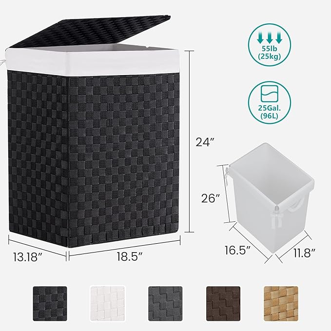 Foldable Laundry Hamper Basket with Lid by Fiona's magic, Handwoven 96L Large Clothes Hamper with Removable Liner Bags, Collapsible Tall Hamper for Bedroom, Bathroom and Dorm Organizer, 2Pack, Black