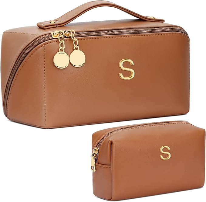 Birthday Gifts for Women Teen Girl, Personalized Initial Makeup Organizer Bag Set, Open Flat Travel Cosmetic Bag With Clear Divider and Handle(Brown,S)