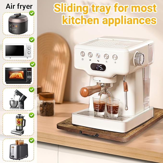 Sliding Tray for Coffee Maker, 360° Rotating Appliance Slider for Kitchen Appliances, Wooden Sliding Tray Suitable for Kitchen Countertops and Kitchen Appliances.(Brown, Large)