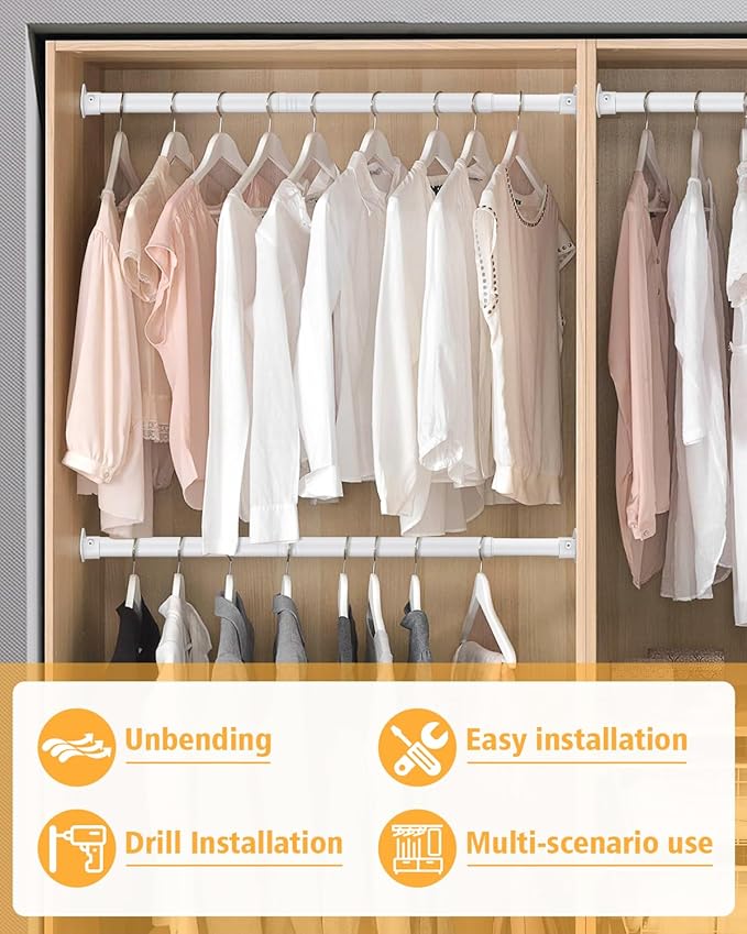 Closet Rod, 17 to 52 Inch Heavy Duty Adjustable Metal Clothing Rack for Hanging Clothes, Closet Poles for Wardrobes, Laundry, Durable Steel, White
