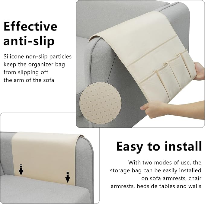 Remote Control Holder for Armchair，Couch Caddy Organizer TV Remote Holder for Bed Storage 5 Pockets，Remote Caddy Bedside Organizer Bedside Table Organizer (Beige, 35''x18'')