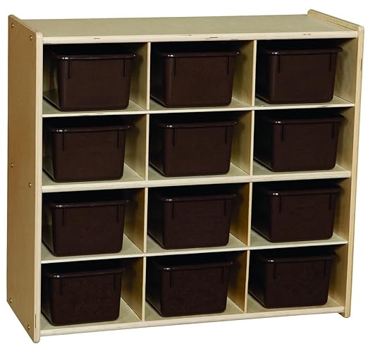 Contender 12 Compartment Storage Unit With Brown Bins For Kids, Montessori Hardwood Cubby Organizer For Organizing Toys, Art And Craft Supplies [Fully Assembled]