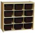 Contender 12 Compartment Storage Unit With Brown Bins For Kids, Montessori Hardwood Cubby Organizer For Organizing Toys, Art And Craft Supplies [Fully Assembled]