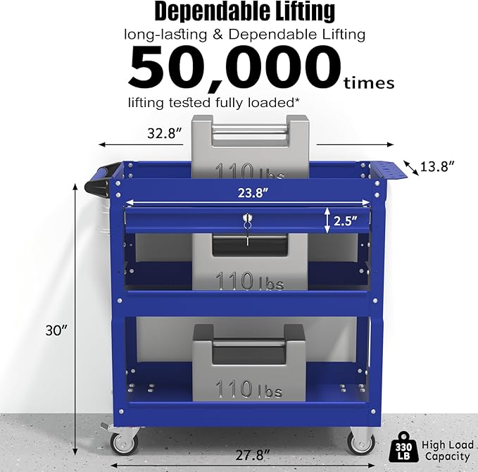 3-Tier Rolling Utility Cart, Metal Heavy Duty Utility Cart on Wheels with Lockable, 330 lb. Load Large Storage Capability Tool Cart for Garage, Warehouse, Repair Shop（Blue）
