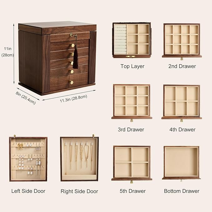 6-Layer Black Walnut Wooden Jewelry Box with Lock and Key, Large Luxury Jewelry Organizer Box for Women, Ideal Christmas Gift for Wife, Mom or Her, Earring & Necklace Storage with Ring Trays