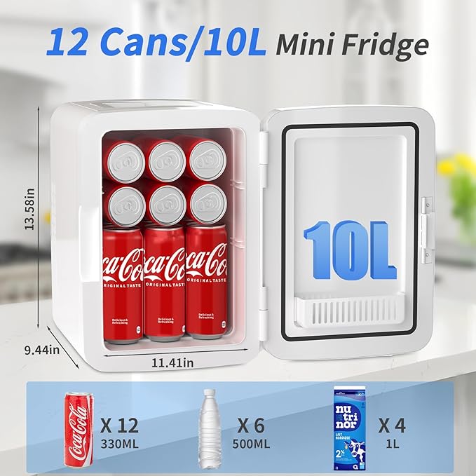 Mini Fridge, 10 Liter/12 Cans Skincare Fridge for Bedroom, 110V AC/ 12V DC Thermoelectric Cooler and Warmer Small Refrigerators for Drink, Office, Car, White
