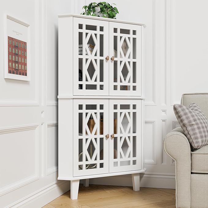 Scurrty Tall Corner Shelf Stand, Large Shelf Corner Table Sideboard Cabinet with 4 Doors and 4-Tier Shelves, Free-Standing Storage Organizer for Living Room, Dining Room & Bathroom (White)