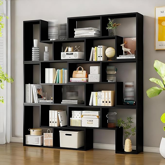 Expandable Bookcase with Adjustable Width,Wooden Room Divider Bookshelf,Standing Display Storage Organizer for Living Room,Study Room or Home Office