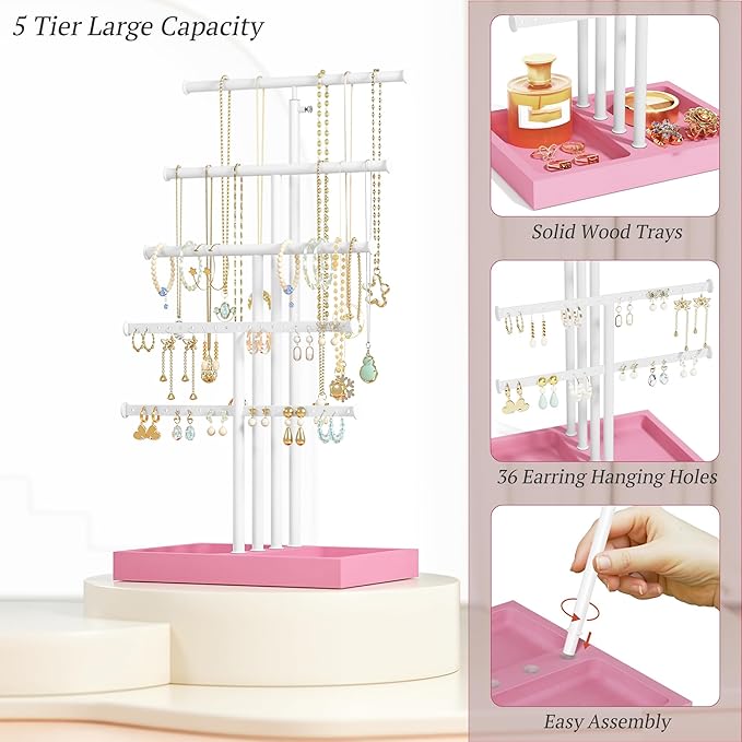Love-KANKEI Jewelry Organizer Stand, 5 Tier Large Necklace Holder with Wood Base, Jewelry holder stand Tree for Display, Bracelets Earrings Rings, Height Adjustable Gift Pink and White