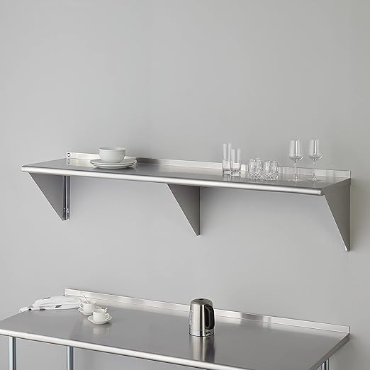 ROCKPOINT Stainless Steel Shelf 18 x 72 Inches 500lb, NSF Metal Commercial Shelves Wall Mount Floating Shelving with Backsplash for Restaurant, Kitchen, Home and Hotel, Silver
