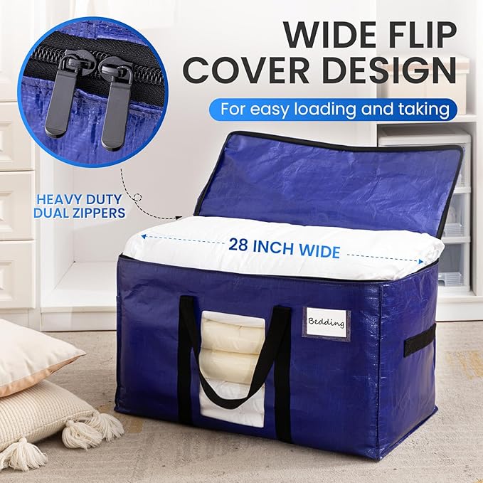 TAILI 6 Pack Dark Blue Extra Large Storage Bags, Heavy Duty Totes with Visible Window, Wrap Around Handles, Perfect for Moving
