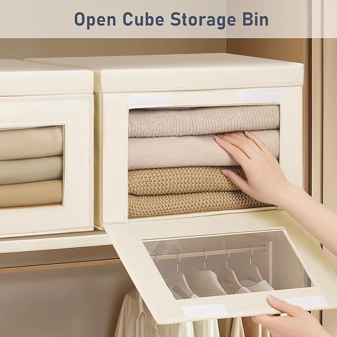 DIMJ Storage Bins with Lids - 5 Pack Large Fabric Closet Organizer with Window & Handles, Collapsible Decorative Storage Boxes for Shelves Under Bed, Books Clothes Blankets Sweaters Organization