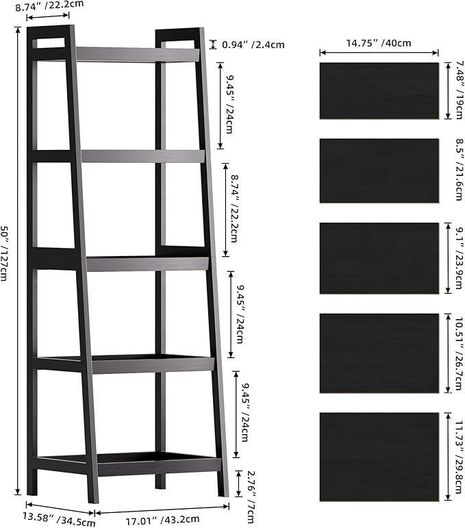 SMIBUY Bamboo Ladder Bookcase, Bathroom Storage Rack Organizer, 4 Tier and 5 Tier Freestanding Plant Display Stand Space Saver Shelves for Bedroom, Kitchen, Balcony (Black, 5 Tiers (50" H))