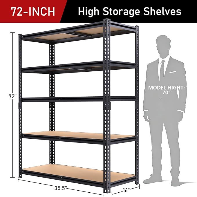 72" H Storage Shelves,Storage Shelves Heavy Duty,2400LBS Metal Shelving Units,Adjustable Garage Shelving Heavy Duty for Garage Storage,Warehouse,16"x35.5"x72"