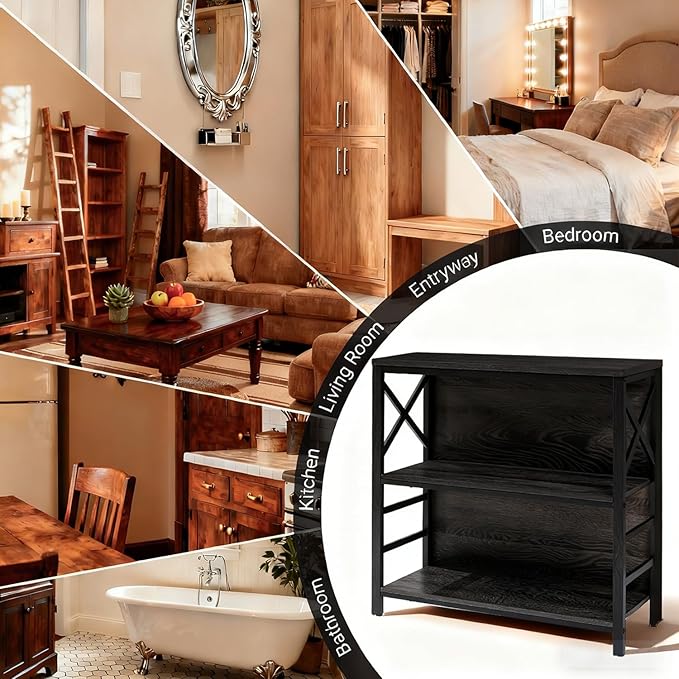 Small Bookshelf,3 Tier Industrial Bookcase with Metal Frame and Backboard,Low Black Book Shelf,Book case for Small Spaces,Living Room,Bedroom and Home Office