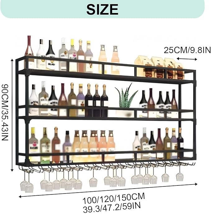 47.2in Wall Mounted Wine Rack, Wine Rack Wall Mounted with Wine Glass Rack, Metal Bar Bottle Display Shelf Wine Cups Hanging Holder, for Home Bar Cafe Decoration (Gold, 47.2 * 10 * 35.5IN)