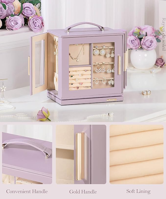 Homde Christmas Gifts Jewelry Box 360° Rotating, Necklace Earring Organizer with Transparent Window, Mirror, 7 Drawers, Large Ring Display Storage Case for Girls Women (Grey Purple)