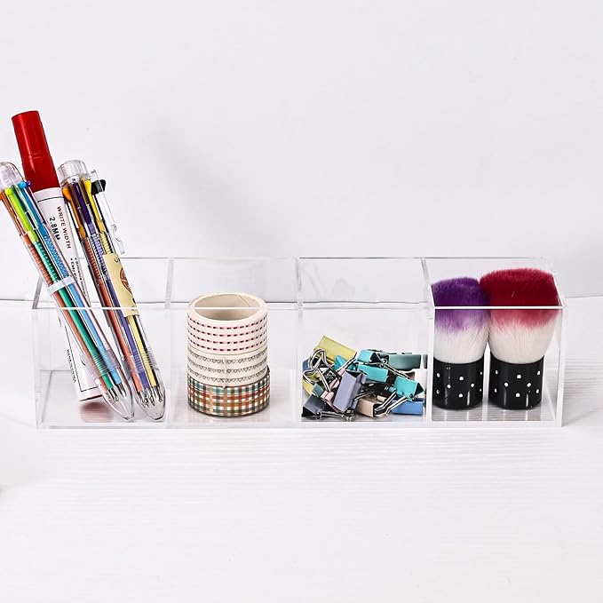 dedoot Acrylic Drawer Organizers 4-Section Clear Plastic Makeup Drawer Organizer Storage Container Acrylic Cube for Vanity Drawer Makeup Brush, Beauty Accessories-10x2.5x2.3 Inch,2 Pack