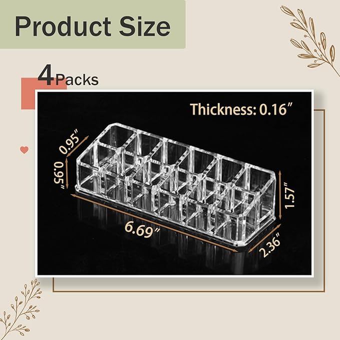 4 Pack Lipstick Organizer, 12 Slot Clear Acrylic Lipstick Holder, Makeup Organizer for Vanity, Drawer, Lip Gloss Storage Display