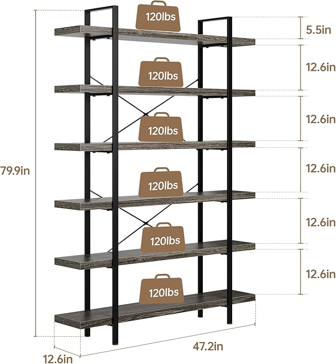 Bookshelf Set, Heavy Duty 6-Tier Industrial Bookcase, 47" Wide Wood Bookshelf for Home Office, 120lbs Shelf Capacity, Rustic Open Display with Horizontal Shelf for Living Room Bedroom, Grey