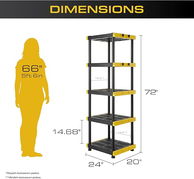 BLACK & YELLOW, 5-Tier Heavy Duty Plastic Storage Shelving Unit, 100lbs/shelf (72H x 24W x 20D), for Indoor/Outdoor Organization, Modular Rack