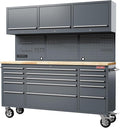 HAUTMEC 72" Rolling Tool Chest, Mobile Garage Workbench, Heavy-Duty Tool Cabinet on Wheels with 15 Drawers, 3 Upper Cabinets, Pegboard & 51 Hooks, Oak Work Surface & Power Strip – HT0428